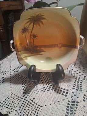 Noritake Hand Painted Palm Tree Sunset Bowl Gold Trim Trinket Vanity Dish Japan